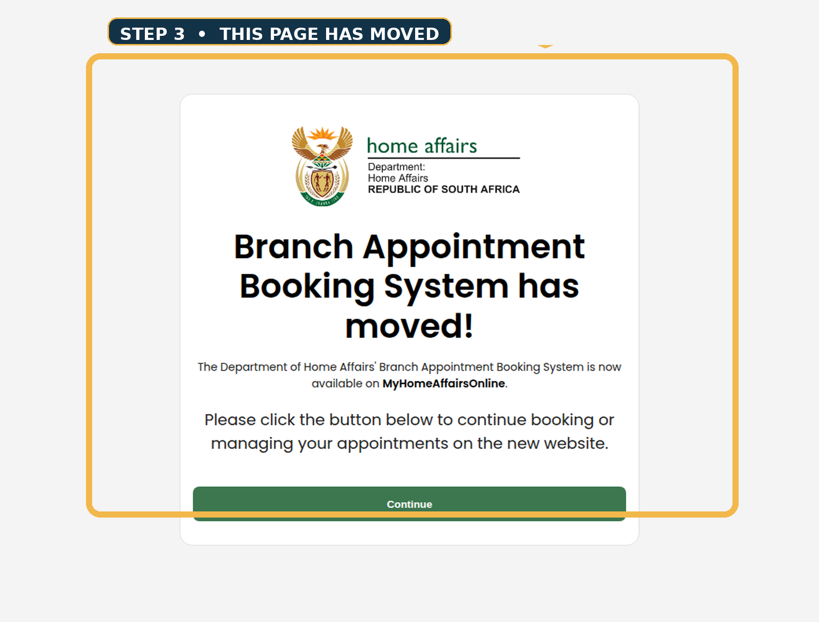 Official BABS handoff page stating that Branch Appointment Booking System has moved