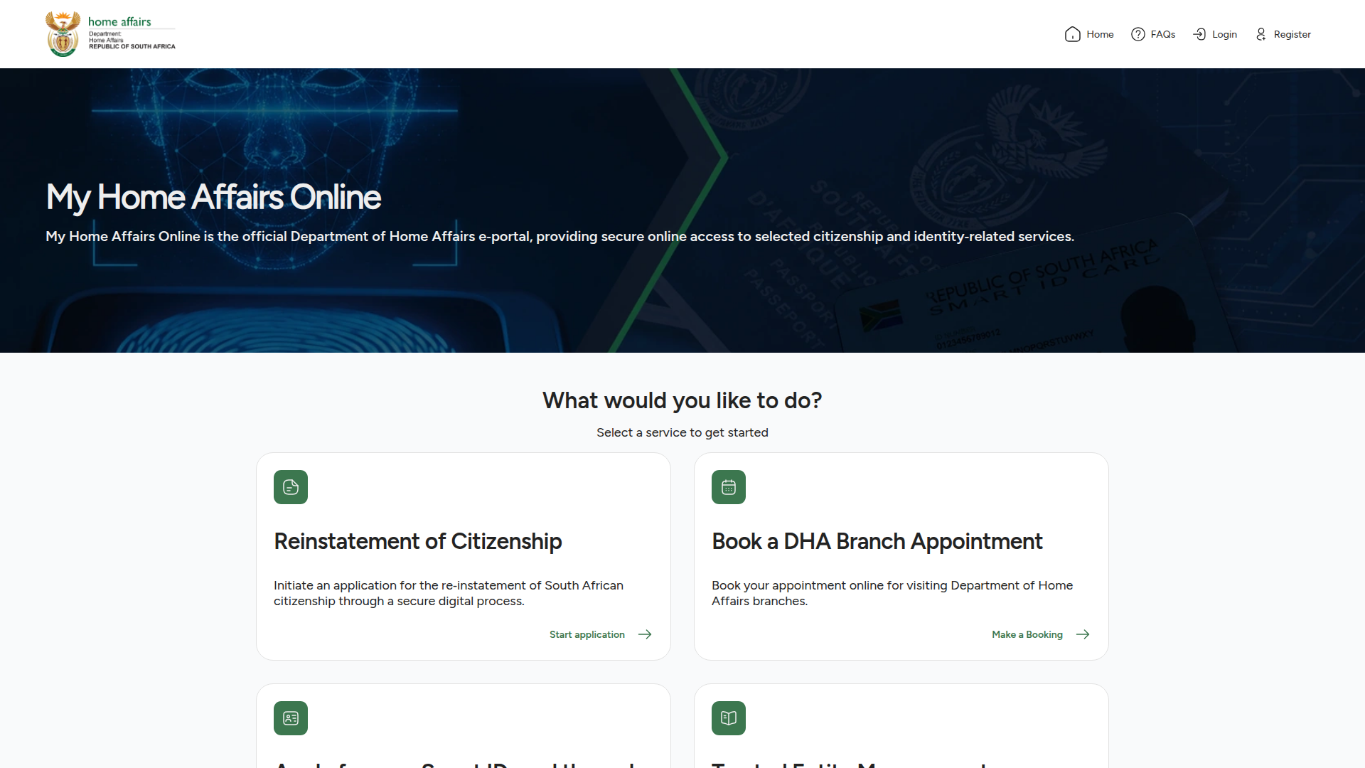 Full public My Home Affairs Online page with public service cards visible