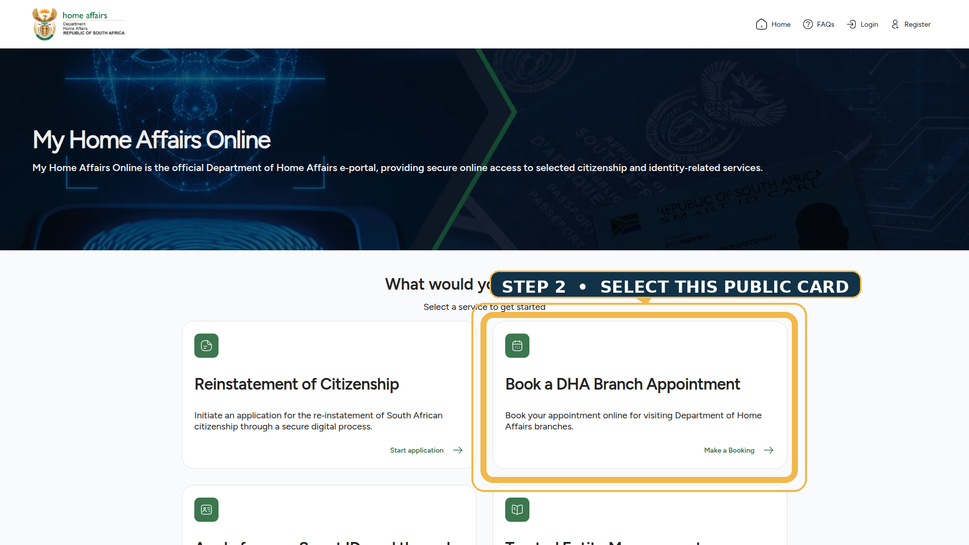 Public My Home Affairs Online page with the Book a DHA Branch Appointment card highlighted